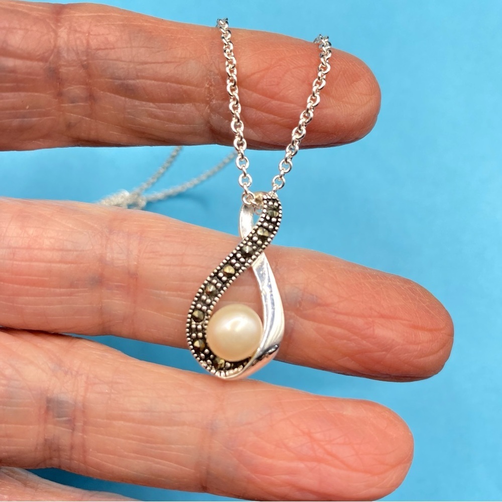 Silver Tone Infinity Imitation Pearl Marcasite Pendant Necklace